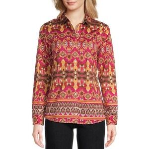 J Mclaughlin Tops Lois Printed Stretch Sateen‎ Point Collard Button Up Sz XL Exc